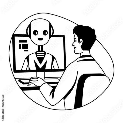 Glyph illustration of a character doing robot chat 