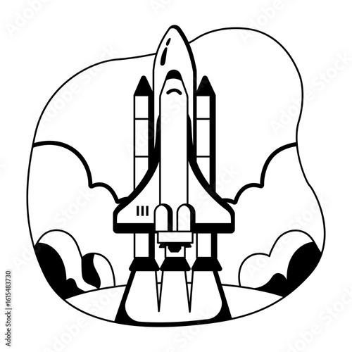Glyph style illustration of launching space shuttle 