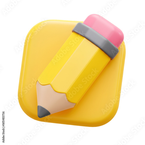 3D Render Illustration of Yellow Pencil Icon on Isolated Transparent Background