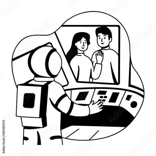 An astronaut doing space call with his family, glyph style illustration 