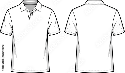 Flat vector template of men’s short sleeve polo shirt with open placket and collar, front and back technical views