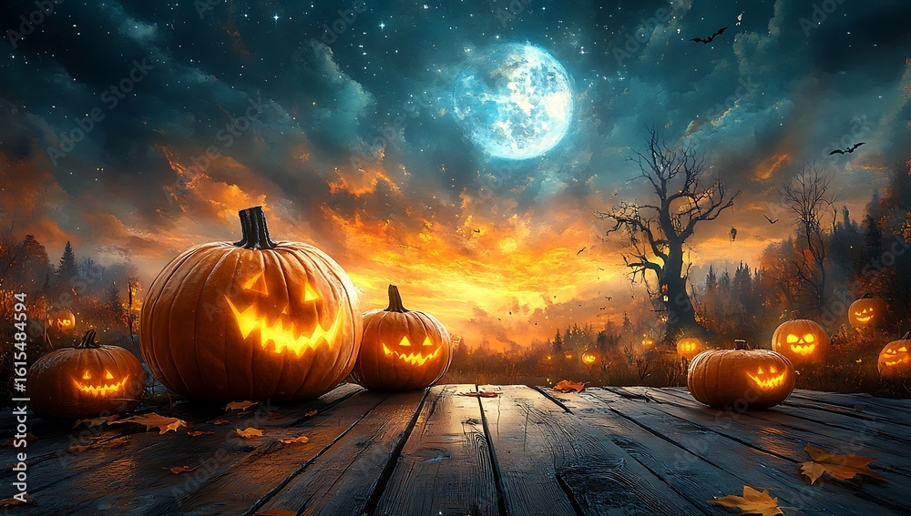 Fototapeta premium Glowing jack o lanterns on wooden planks under a starry night sky halloween pumpkin