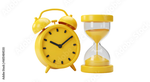 3D Illustration Of Yellow Alarm Clock And Hourglass On Isolated Background