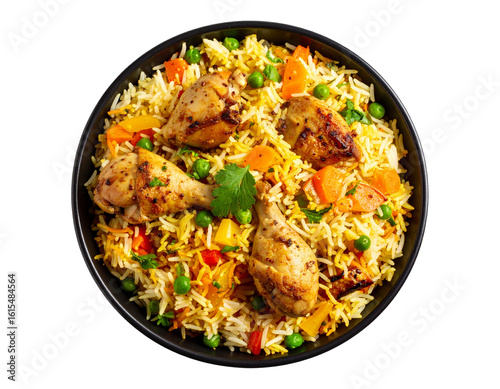 Top View of Chicken Biryani with Colorful Vegetables in Serving Bowl, Isolated PNG