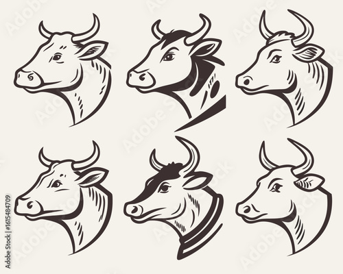 Vector art of a collection of stylized cow head illustrations showcases various breeds and horn shapes in a vintage style