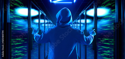 Tableau sur toile Hooded man standing with arms raised in server corridor