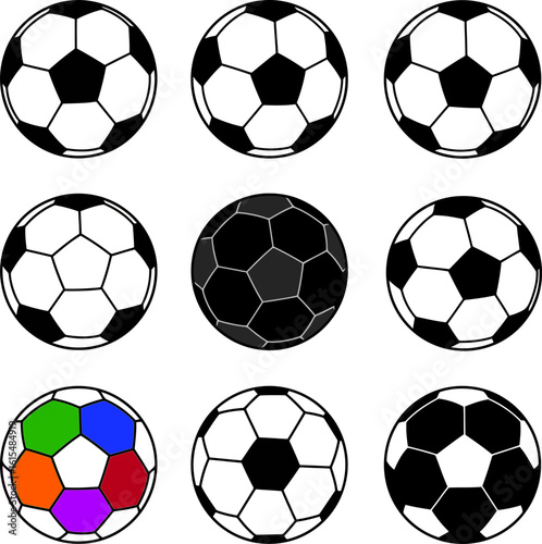 Vector art of a collection of nine soccer balls, each with a unique pattern and shading, displayed in a grid formation