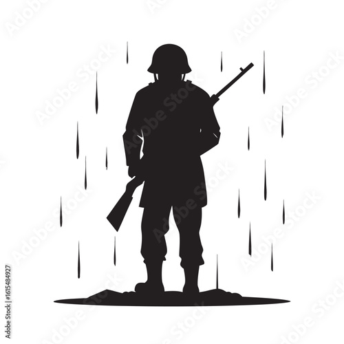 Rainy Soldier Holding Rifle Silhouette Art