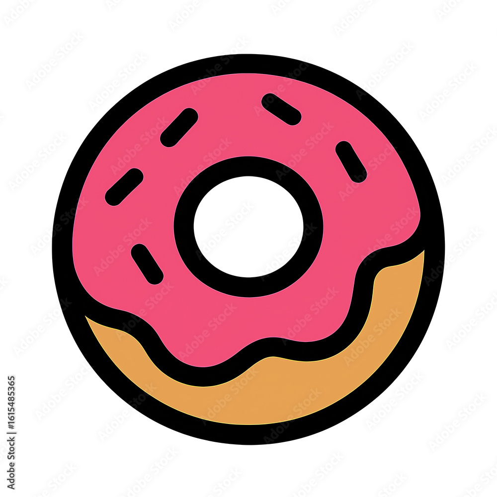 Fototapeta premium Cute Pink Donut Cartoon with Sprinkles in Bold Minimalism Style on Transparent Background. Sweet Dessert Clipart for Bakery Design, Food Icon, Vector Illustration