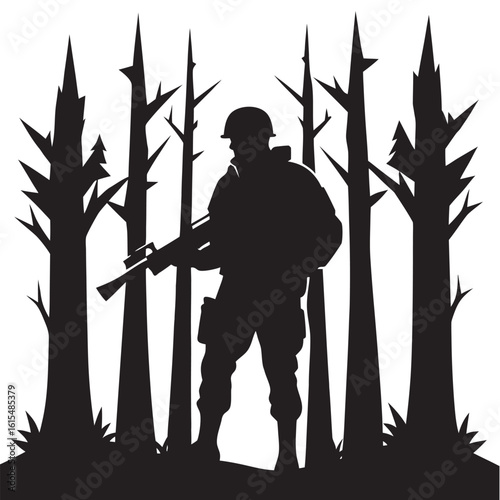 Forest Soldier Holding Rifle Silhouette Scene