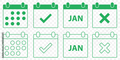 Month and Date Calendar Icons with Task Indicators – EPS File in Green color. Stylized Calendar UI Icons – Vector Pack for Planner and Reminder Apps on Transparent Background EPS 10.