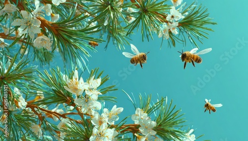 Honeybees flit amongst springtime blossoms and pine branches