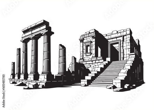 Ancient Temple Ruins Vector Illustration Featuring Columns and Stairway Entrance Depicting Archaeological Site