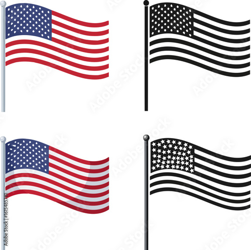 Vector art of four american flags, two in full color and two in black and white, shown waving on flagpoles
