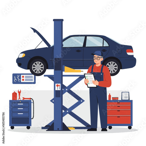 Car Mechanic Inspecting Vehicle on Lift