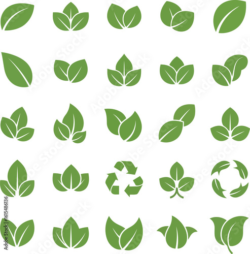 Vector art of a collection of twentyfive green leaf icons and symbols, showcasing various styles and arrangements