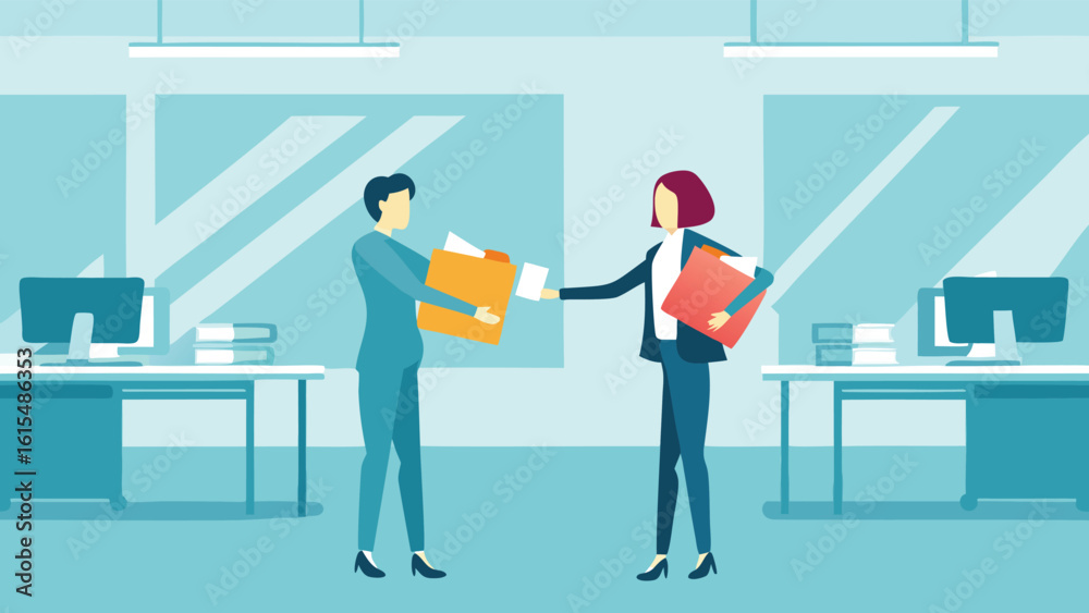 Two businesswomen exchanging folders in a modern office environment with computer desks and bright lighting Two businesswomen exchanging folders in a modern office environment with computer desks and bright lighting