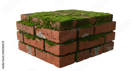 3D Render of Weathered Red Brick Block With Green Moss Isolated