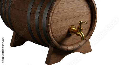 3D Render of Wooden Barrel with Gold Tap Isolated on Transparent Background