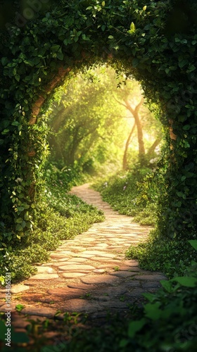Walking Stone Path Through Green Archway Into Forest