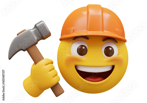 3D Rendered Construction Worker Emoji with Hammer and Safety Helmet Smiling