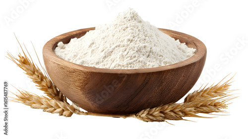 Bowl of white flour with wheat stalks isolated on transparent background