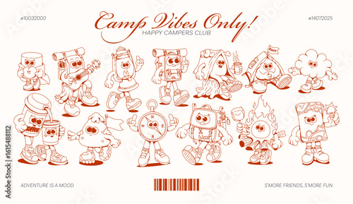 Retro camp cartoon characters in line art style for vintage outdoor vibes