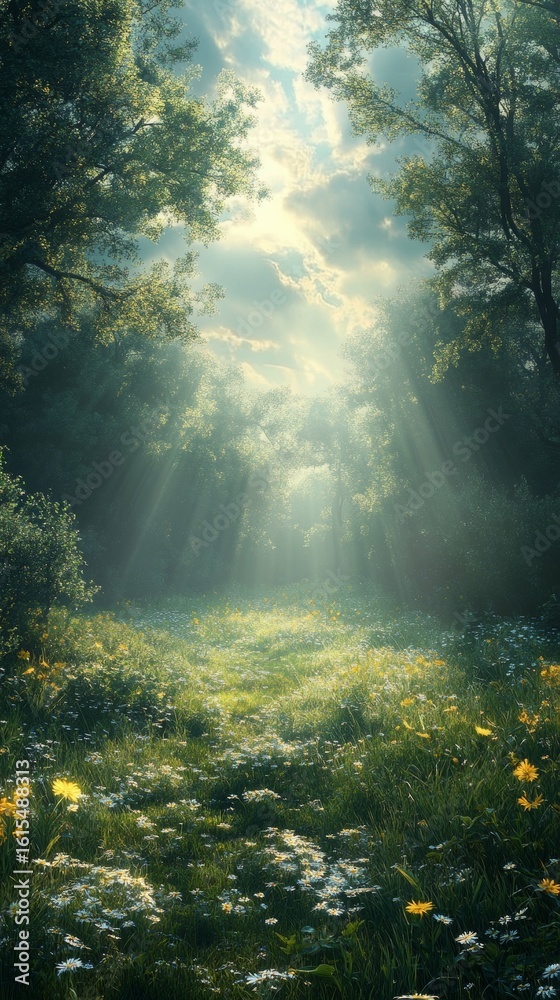 Obraz premium Sunbeams Shining Through Forest Canopy Onto Wildflower Meadow