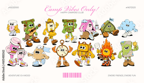 Groovy camping cartoon characters with fun anthropomorphic gear in retro hiking vibe