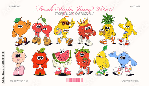 Juicy fruit cartoon characters in groovy retro fun summer energy