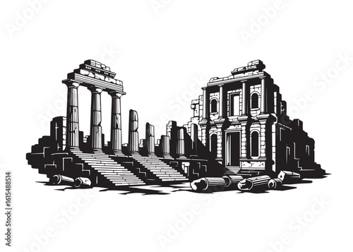 Black and White Illustration of Ancient Ruins and Architectural Remnants of a Lost Civilization Standing Tall