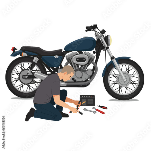 Man Working on Motorcycle Engine with Tools