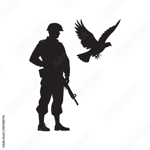Soldier With Hawk Flying Above Silhouette