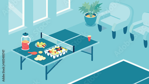 Still life scene featuring a ping pong table laden with food and drinks in a light blue room setting