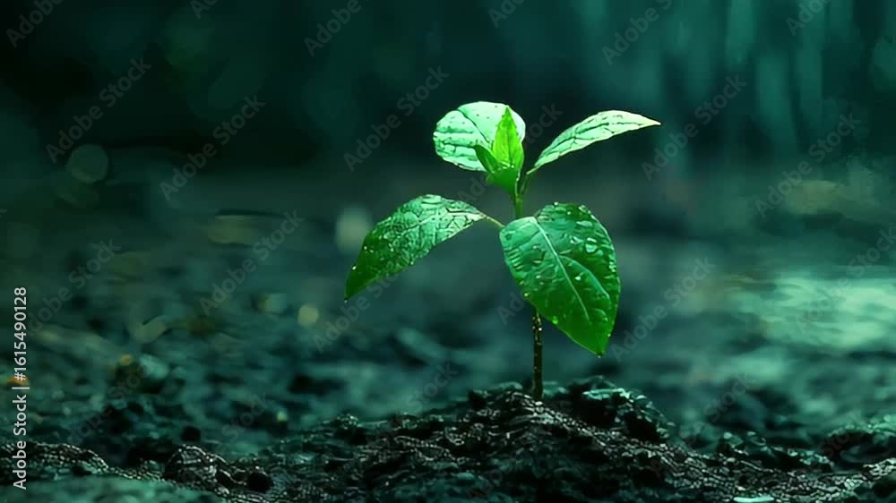 Tiny sprout emerges from dark soil