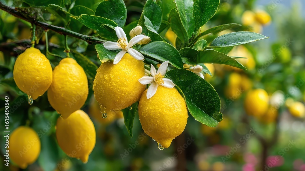 Lemons with flower hanging on tree in lemon farm Lemons with flower hanging on tree in lemon farm