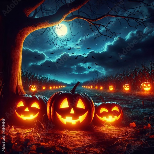 Orange Jack-o'-Lanterns Glowing Under A Dark Halloween Night Sky Creating An Horror And SCary Environment, Spooky Halloween Background