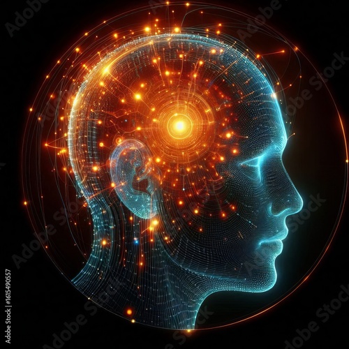 A Digital Human Head Brain Profile Representing Linking Dots In Orange Color, Can Be Used As An AI Operator.