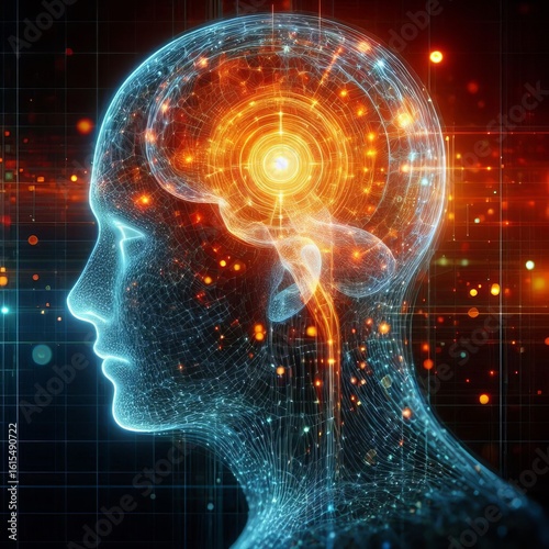 A Digital Human Head Brain Profile Representing Linking Dots In Orange Color, Can Be Used As An AI Operator.