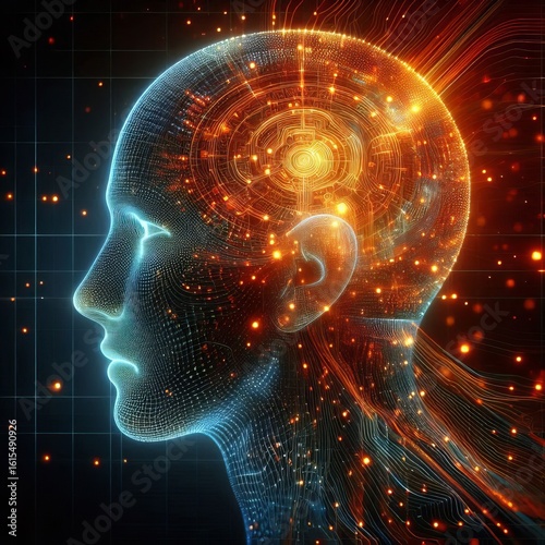 A Digital Human Head Brain Profile Representing Linking Dots In Orange Color, Can Be Used As An AI Operator.
