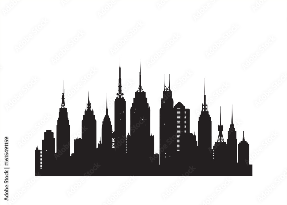 Fototapeta premium Black Silhouette of a Modern Urban Skyline Against White Background with Various Shaped Skyscrapers and Towers