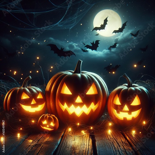Orange Jack-o'-Lanterns Glowing Under A Dark Halloween Night Sky Creating An Horror And SCary Environment, Spooky Halloween Background