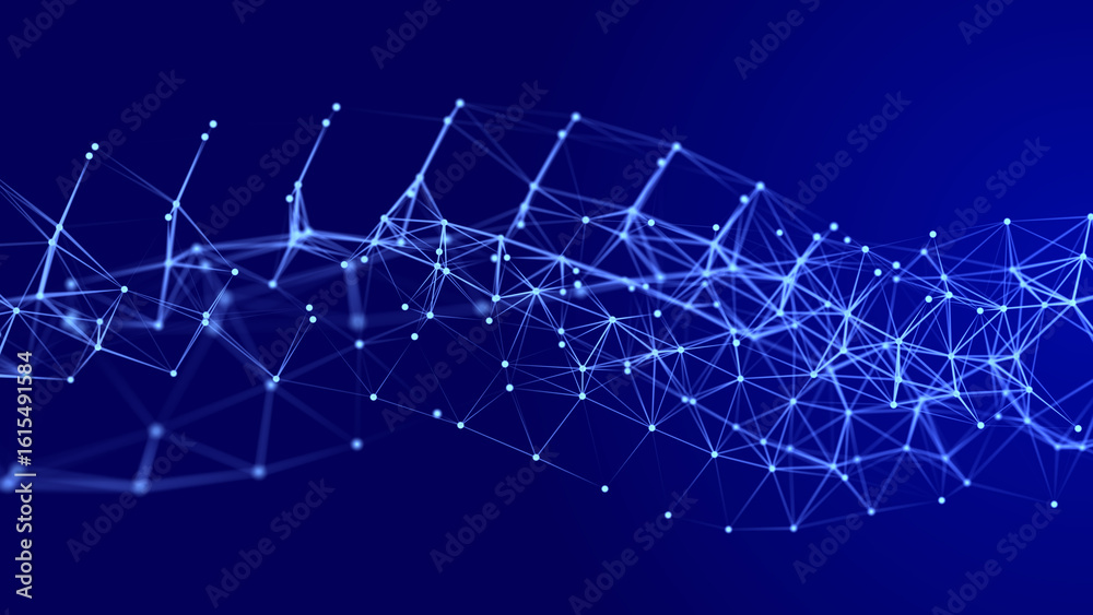 Obraz premium Lines transmit silent codes through a luminous matrix. Particles pulse in digital motion. 3D rendering.