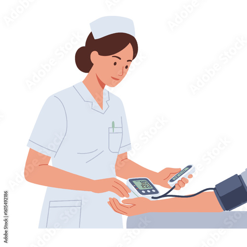 Nurse checking patient's blood pressure with device