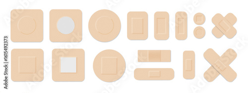 Medical plasters. Bandages set. Adhesive bandage for first aid for wounds operations and skin injuries. Protecting open wound from infection. Vector