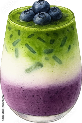 Berry Matcha Latte Smoothie in Glass with Blueberry Topping  Watercolor Illustration