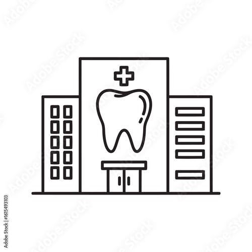 Dental clinic icon with hospital building and tooth symbol representing professional stomatology center and oral surgery healthcare facility line vector stroke