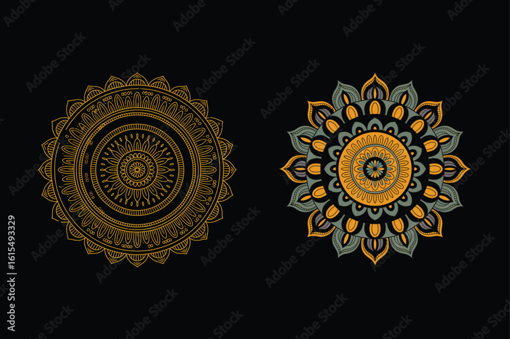 Naklejka premium Vector pattern illustration of a golden sun mandala design with circular floral ornament gear elements and decorative frame symbol