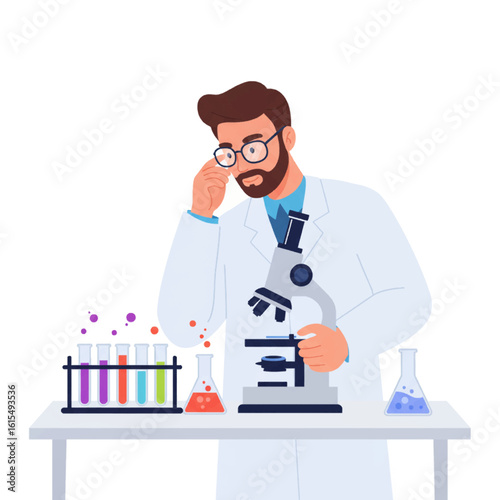 Scientist Examining Microscope with Colorful Test Tubes