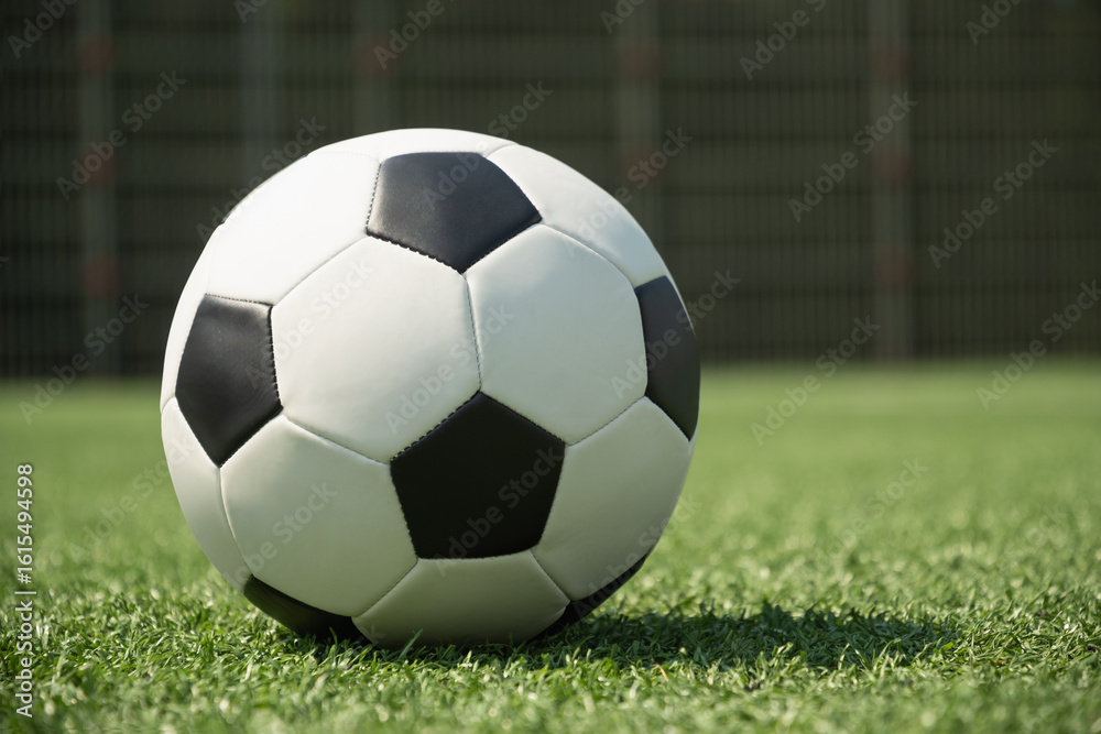 Fototapeta premium Soccer ball on field in front of goal post. Focus on ball. Football stadium background. Summer activity at city. Outdoor sports, team play.